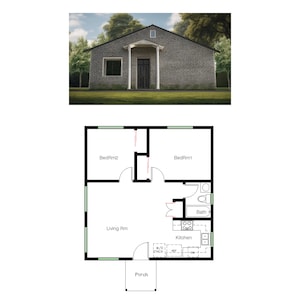 2 slaapkamers en 1 badkamer (649SF) ADU (accessoirewoning) Plattegrond huis (25'-0" breed x 26'-0" lang)