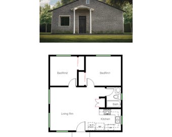 2 sovrum 1 badrum (56 m²) ADU (extra bostad) planlösning husplan (7,6 m bredd x 7,2 m längd)