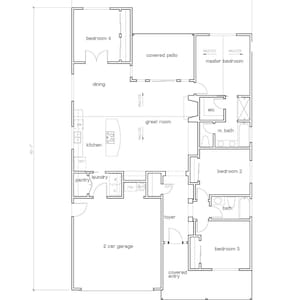 4 dormitorios, 2 baños (158 m²), plano de planta de 1 planta. Hermosa cocina abierta a la sala y comedor (12 m de ancho x 19 m de largo).