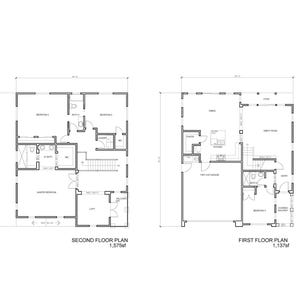 May include: Floor plan of a two-story house with a total of 1,875 square feet. The first floor plan shows a living room, kitchen, dining room, and bathroom. The second floor plan shows three bedrooms and a bathroom.
