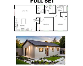 2 sovrum, 2 badrum (74 m²) ADU (extrabostad) planlösning (6,2 m bredd x 12,2 m längd) - komplett set, bygglov klart för Kalifornien!