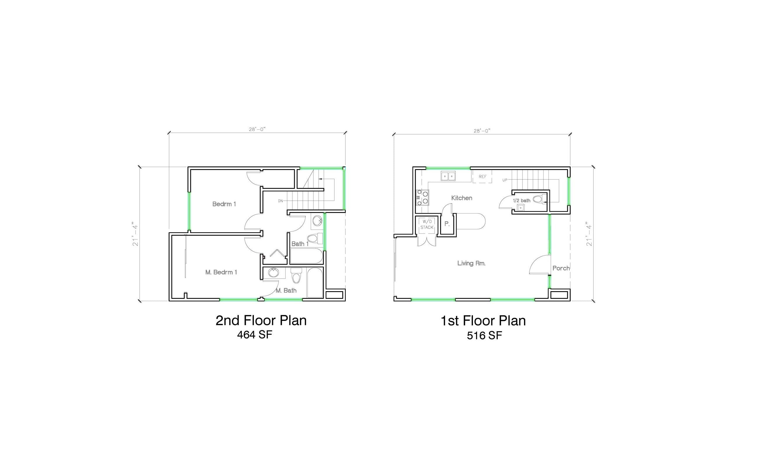 Stylish 2 Bed, 2.5 Bath Modern Two-Story Home Plan (980 SF)
