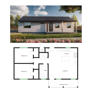 2 slaapkamers en 1 badkamer (800SF) ADU (accessoirewoning) Plattegrond huisplattegrond (20'-0" breedte x 40'-0" lengte)