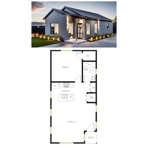 1 slaapkamer en 1 badkamer (764SF) Plattegrond kleine woning/ADU/Cottage/Grandma Flat (19'-10" x 39'-11" lengte)