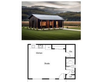 Studio med 1 badrum (46 m²) ADU (extra bostad) för små tomter och gårdar. (6,2 m bredd x 7,2 m längd)