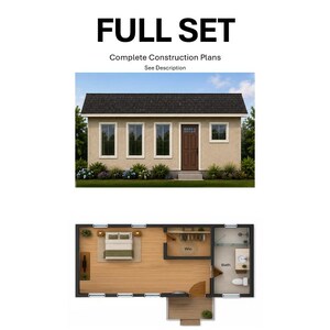 Op de afbeelding: Een volledige set bouwtekeningen voor een klein huis. De afbeelding toont een beige buitenkant met een donker dak, een bruine deur en meerdere ramen. Hieronder toont een plattegrond de indeling van een slaapkamer, inloopkast en badkamer.
