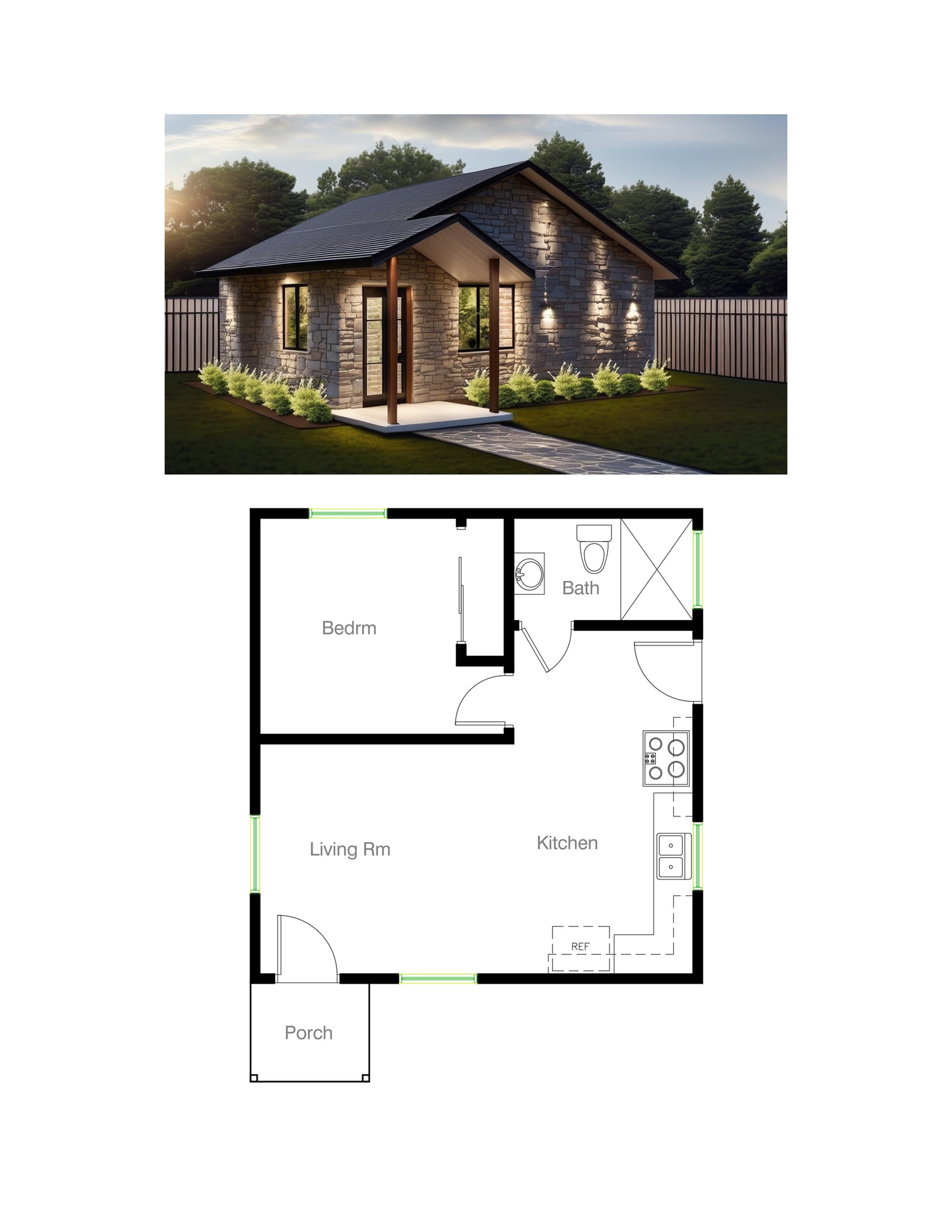 Cozy ADU House Design | Small Footprint 1BD 1BA Plan (548SF) | Instant Download