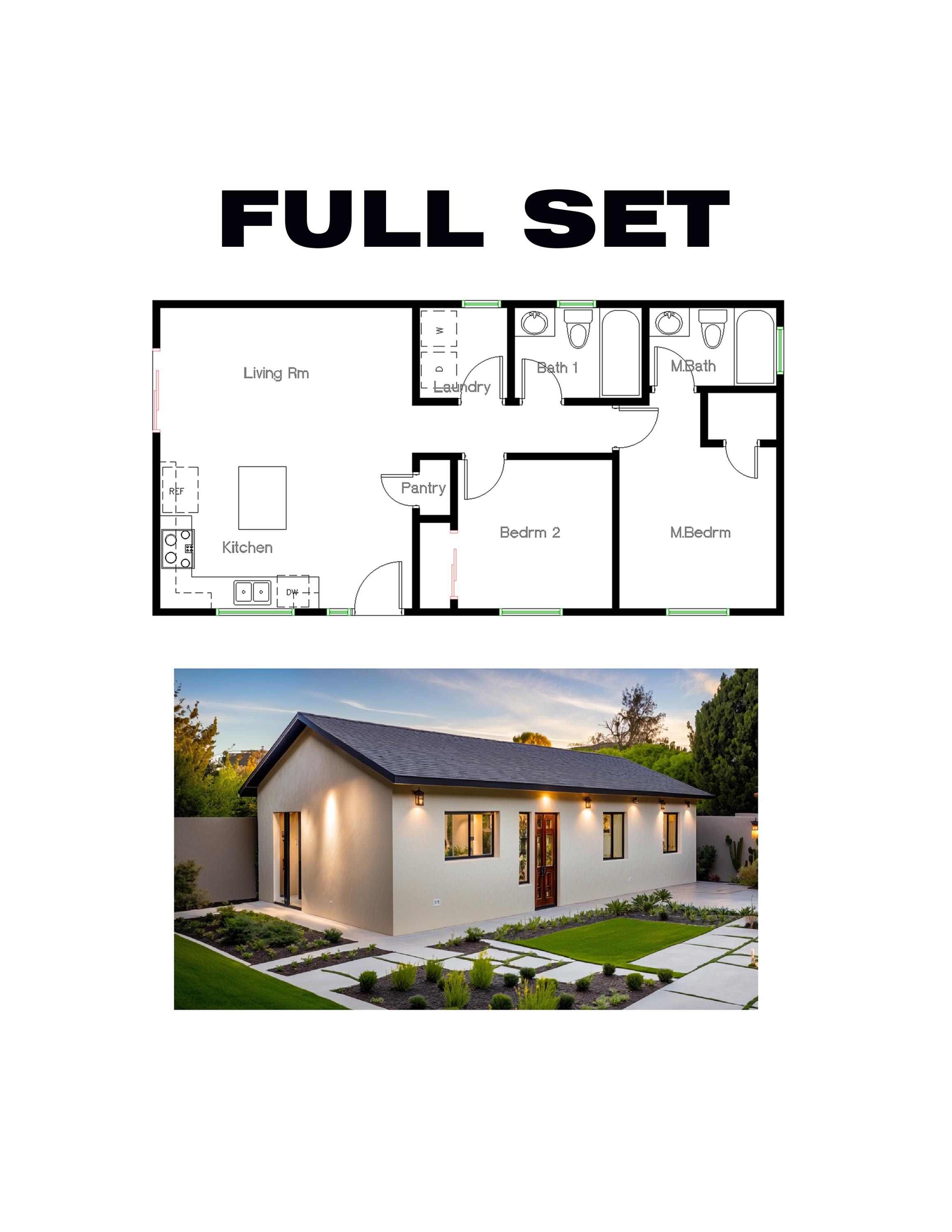 2 Bedroom 2 Bath (800SF) ADU(Accessory Dwelling Unit) Floor Plan-FULL SET (20'-0"Width X 40'-0"Length)