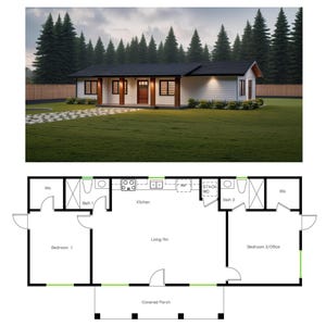 May include: A black and white floor plan of a house with two bedrooms, two bathrooms, a kitchen, a living room, and a covered porch.