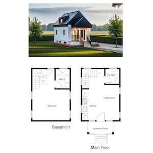 Plano de 1 dormitorio, 1 baño y medio (616 pies cuadrados) con sótano, casa pequeña, minicasa, apartamento para abuela y suite para suegros (6,1 m de ancho x 8,9 m de largo)
