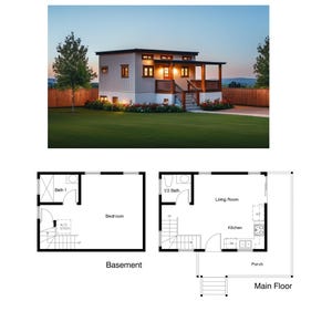 Plano de planta de 1 dormitorio, 1 baño y medio (614 pies cuadrados) con sótano, casa pequeña, casa diminuta, apartamento para abuela y suite para suegros (20&#39;-6&quot; de ancho x 26&#39;-0&quot; de largo)