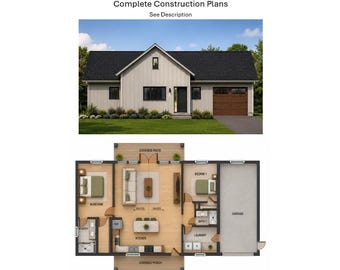 Hausplan für ein Haus mit 1363 Quadratfuß (ca. 127 m²), 2 Schlafzimmern, 2 Bädern und Garage (digitaler Download)