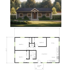 3 slaapkamers en 1 badkamer (1000SF) ADU-plattegrond open keukenconcept, gesloten gestapelde wasmachine/droger (24'-0" breed x 41'-9" lengte)