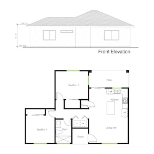 2 slaapkamers en 1 badkamers (836SF) plattegrond ADU /Tiny Home/Kleine woning/Cottage/Grandma Flat/Vrijstaande ADU (28'-0" breedte x 40'-0" lengte)