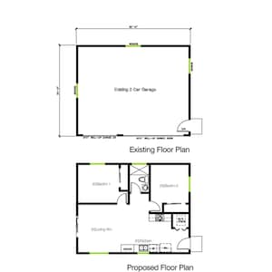 Plano de planta de 2 habitaciones, 1 baño (952 pies cuadrados), garaje independiente convertido en espacio habitable o ADU (unidad de vivienda auxiliar) (24&#39;-0&quot; de ancho x 30&#39;-0&quot; de largo)