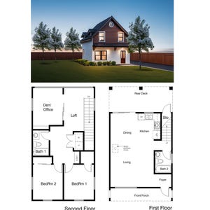 2 slaapkamers en 2 badkamers met kamer (opt. 3e slaapkamer) (1,151 SF) Plattegrond in huisjestijl met 2 verdiepingen (20'-0" x 36'-0" (lengte))