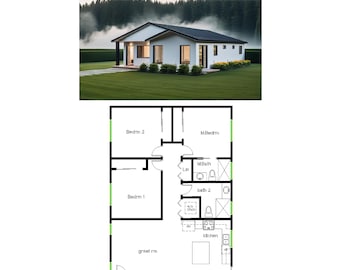 3 sovrum, 2 badrum (112 m²) ADU-planlösning med öppet kök. (7,6 m bredd x 12,6 m längd)