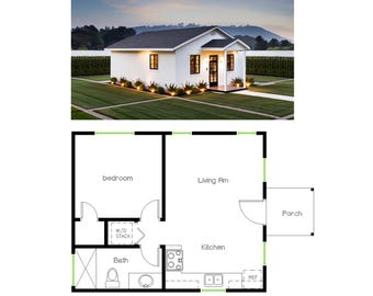 1 sovrum 1 badrum (46 m²) Stuga / Ranch / Minihus / Mormorslägenhet / Prisvärd husdesign / ADU-planritning (6,2 m bredd x 7,2 m längd) CAD-fil
