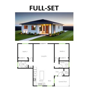 Może przedstawiać: Obraz z tekstem "FULL-SET". Poniżej zdjęcie nowoczesnego domu z ciemnym dachem i białymi ścianami. Poniżej szczegółowy plan domu z nazwami pomieszczeń, takimi jak 'Living Rm' i 'Kitchen'.