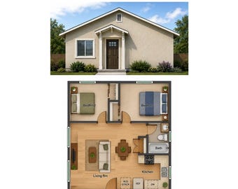 Grundriss für eine Einliegerwohnung mit 2 Schlafzimmern: 649 Quadratfuß, 25'x26' Hausdesign (Digitaler Download)