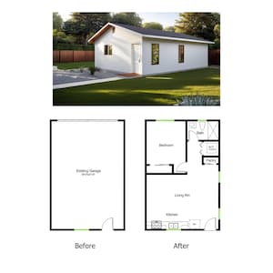 1 Schlafzimmer 1 Bad (609SF) Garagenumwandlung in Wohnraum oder ADU-Grundriss (20 &#39;-4 &quot;Breite X 30&#39;-0&quot; Länge)