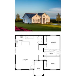 2 slaapkamers en 1 badkamers (1052SF) ADU (wooneenheid met accessoire) Plattegrond huis (29'-3" breed x 37'-11" lang)