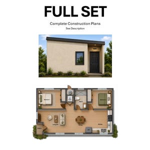 May include: A full set of complete construction plans featuring a rendering of a single-story house with a shed roof, a dark door, and a window, alongside a detailed floor plan showing two bedrooms, two bathrooms, a living room, and a kitchen.
