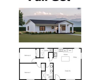 May include: A black and white floor plan of a house with a covered porch, two bedrooms, a bathroom, a kitchen, a dining room, a family room, and a laundry room.