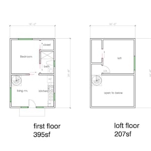 1 slaapkamer en 1 badkamer (602SF) met zolder ADU (accessoirewoning) Plattegrond huisplattegrond (16'-0" breed x 24'-8" lang)