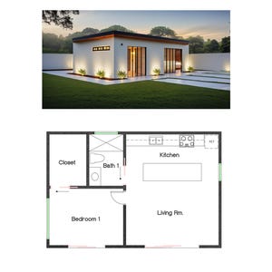 1 slaapkamer en 1 badkamer (600SF) moderne indeling (accessoire woning) Plattegrond huisplattegrond (20'-0" breedte x 30'-0" lengte)