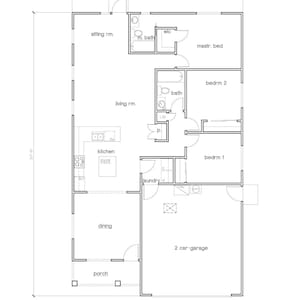 Gelijkvloers, 3 slaapkamers en 2 badkamers (1406 SF). Ruime open keuken, familiekamer, woonkamer met zitkamer. (34'-4" breedte x 57'-0" lengte)
