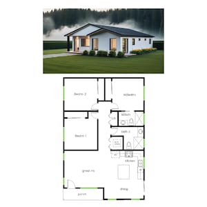 May include: A black and white floor plan of a house with two bedrooms, two bathrooms, a kitchen, a dining room, a great room, a porch, and a linen closet.