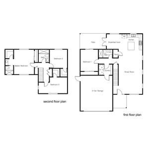 Op de afbeelding: Een zwart-witte plattegrond van een huis met twee verdiepingen. De begane grond heeft een keuken, een ontbijtbar, een voorraadkast, een wasruimte, een gastenkamer en een garage voor twee auto's. De bovenverdieping heeft een hoofdslaapkamer, drie slaapkamers en twee badkamers.