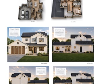 May include: A collection of architectural renderings showing a two-story house design. Includes top-down floor plans for the first and second levels, plus exterior views labeled as front, rear, right, and left elevations with white siding.