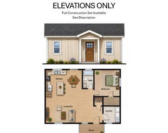 May include: A house design document featuring a front elevation view and a floor plan. The text reads FLOOR PLAN & ELEVATIONS ONLY, Full Construction Set Available, See Description. The plan shows a kitchen, nook, living room, bedroom, bath, laundry, and porch.