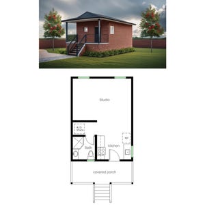 Studio met 1 badkamer (370SF) met overdekte veranda, vrijstaande ADU/Tiny Home/Kleine huizen/Cottage/Grandma Flat (16'-6" breed x 28'-5" lang)