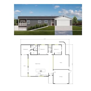 Peut inclure: Plan d'étage d'une maison avec trois chambres, deux salles de bain, une grande pièce, une cuisine, une terrasse, un patio et un garage. La maison mesure 11,3 mètres de large et 17,4 mètres de long.