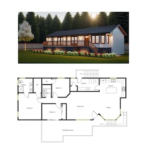 3 slaapkamers en 2 badkamers (1,514 SF) plattegrond keuken open naar woonkamer en eetkamer, groot voordek (23'-3" breed x 59'-3" lengte)