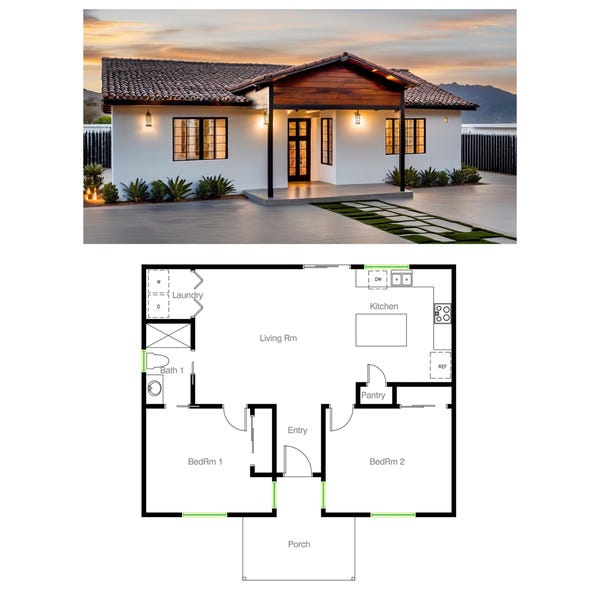 Casa de campo/rancho/minicasa/casa asequible/casa familiar pequeña/diseño de casa de 2 dormitorios y 1 baño (946 pies cuadrados) con plano de planta (27'-11" de ancho x 34'-9" de largo)