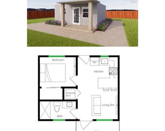 Plattegrond zeecontainer 1 slaapkamer met 1 badkamer (320SF) Plattegrond ADU gereed (16'-0" breedte x 20'-0" lengte)