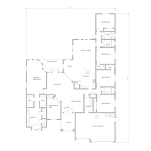 Pode incluir: Um plano de planta preto e branco de uma casa com cinco quartos, uma cozinha, uma sala de estar, uma sala de jantar, uma sala de família, uma lavanderia, uma varanda e uma garagem para três carros.