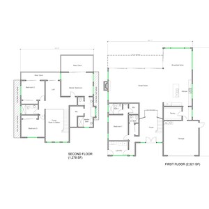 May include: Floor plan of a house with two floors. The first floor has a living room, kitchen, dining room, laundry room, and garage. The second floor has three bedrooms and two bathrooms. The total square footage of the house is 3,599 square feet.