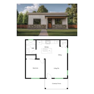 1 slaapkamer en 1 badkamer (573SF) ADU (accessoirewoning) Plattegrond huis (25'-0" breed x 23'-0" lang)