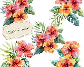 Watercolor Hawaiian Flowers Clipart, Tropical Floral PNG (Digital Download)