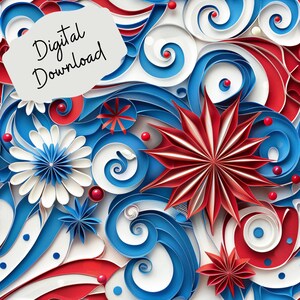 Patriotic Curled Paper Art Digital Download | Red, White & Blue | Seamless design for Crafts/Decor | America | Memorial Day | 4th of July