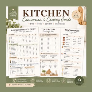 Può includere: Una guida di conversione e cucina da cucina stampabile di 3 pagine. La guida include tabelle di conversione per la cottura al forno, conversioni di temperatura e guide alla cottura della carne. Sono incluse misure statunitensi e metriche. Il formato A4 è 210 x 297 mm.