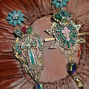 Handmade cross and sacred heart mix matched earring religious art earrings -  dangle earrings - Patron Saint