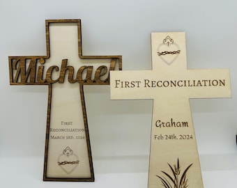 First Reconciliation Confession Penance Custom Personalized Wooden Cross Gift for Son Daughter Grandson Granddaughter Class Name and Date