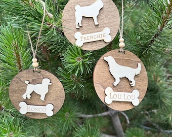 Personalized Dog Breed Christmas Ornament: Rustic Wooden Pet Name Tree Decor