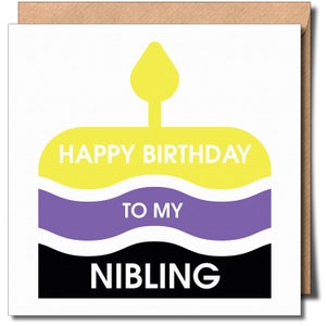 May include: A yellow and purple birthday cake with a single yellow candle on top. The cake has the words "Happy Birthday to my Nibling" written on it.